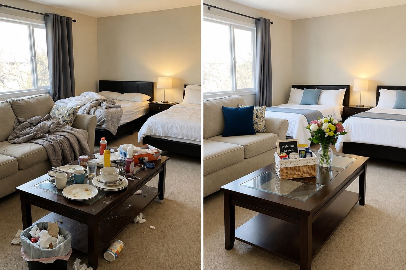 Before and after comparison of a living room cleaned by Northstar General Services